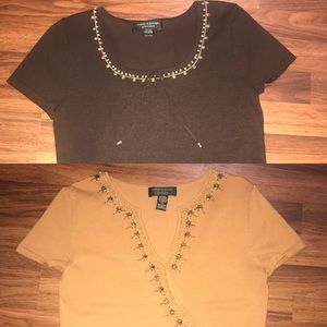 Lot of 2 SILK Knit Beaded Short Sleeve Faux Wrap